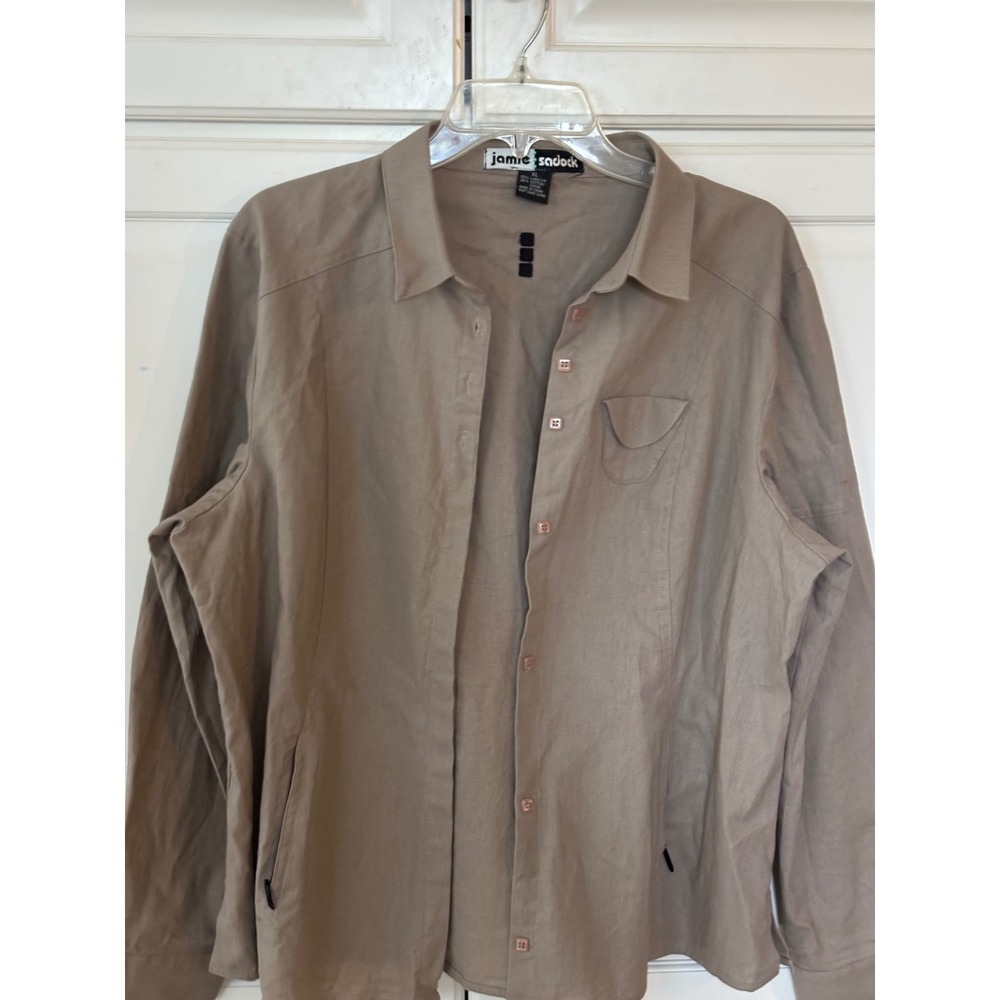 Jamie Sadock Womens XL Tan Linen Cotton Button Down Shirt Zip Pockets Utility